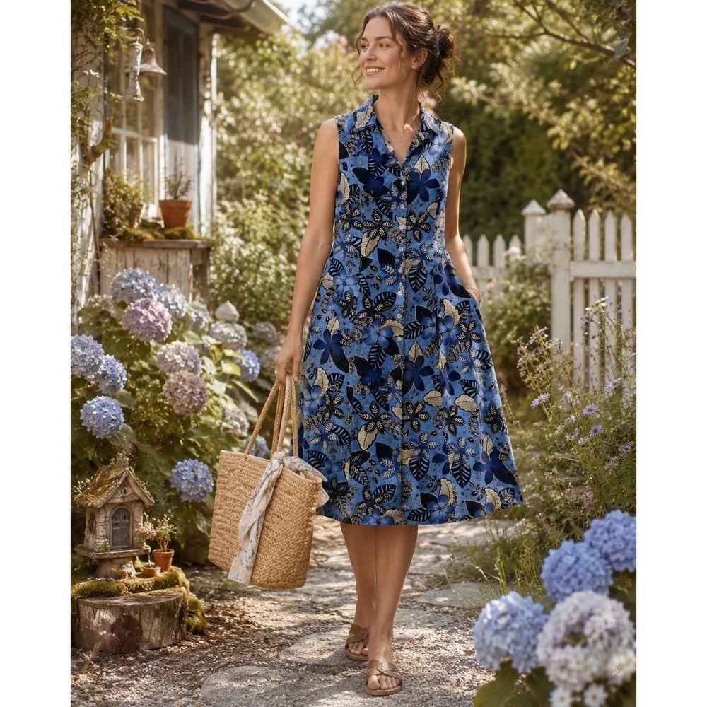Coldwater Creek Blue Linen Blend Floral Button Front Midi Dress Womens 20 H40266